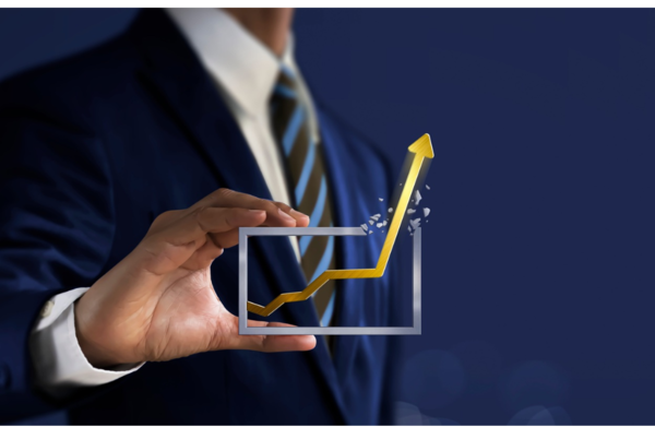 businessman is holding a growing graph